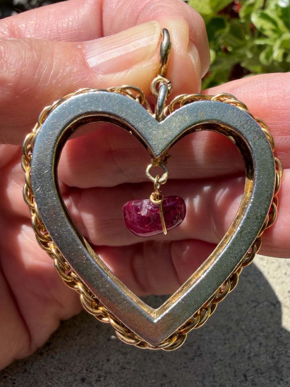 Vintage large sterling & gold heart pendant with Dangling Amethyst